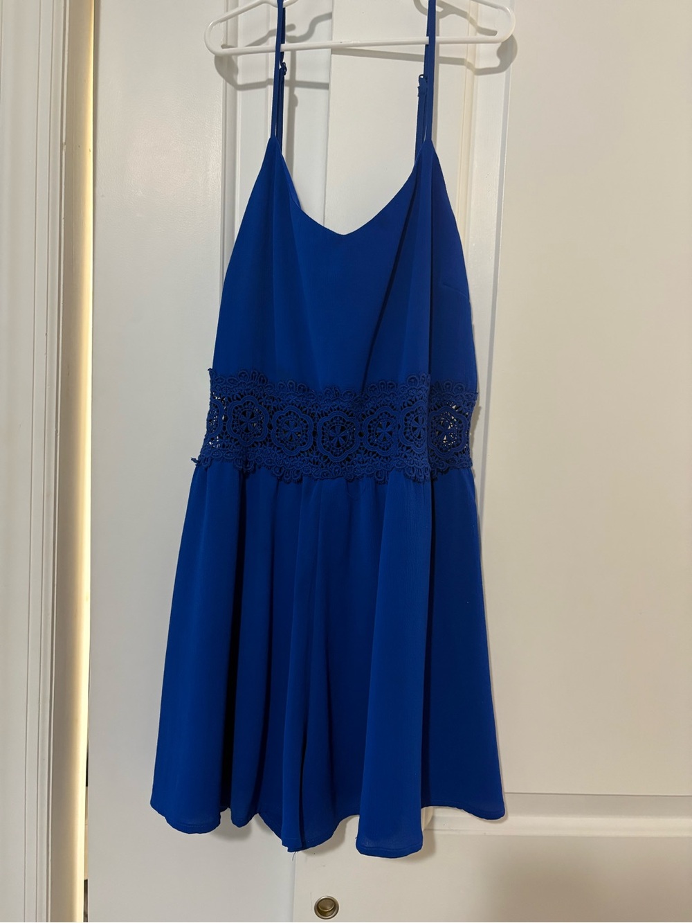 Royal Blue Spaghetti Strap romper with Crochet Waist